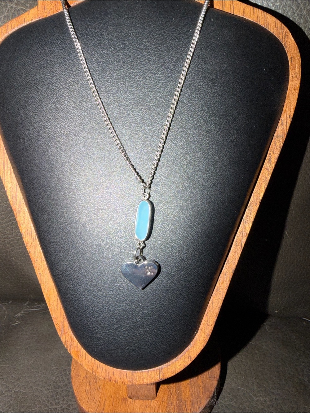 Hand Crafted Silver Tone Necklace with Blue Oval and Heart Charm